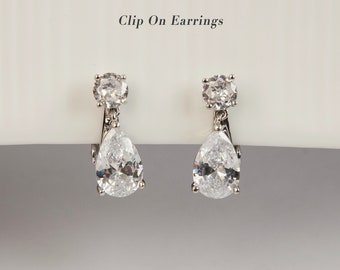 Clip On Diamond Earrings, Crystal Dangle Earring, Clear Crystal Waterdrop Dangle and Drop Earrings, Non-Pierced Bridal Wedding Earring