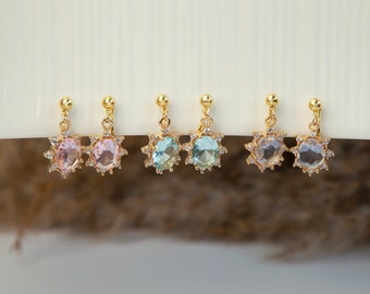 Boucles d’oreilles Clip On Diamond, boucles d’oreilles CZ Crystal Dangle Drop, boucles d’oreilles non percées, bleu lac, boucles d’oreilles en pierres précieuses ovales rose violet