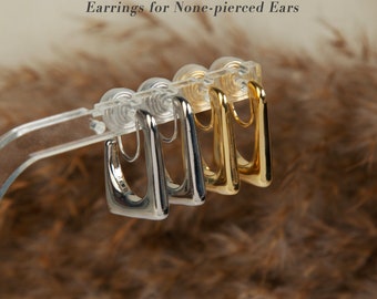 Minimalistische clip op Huggie oorbellen, medium vierkante hoepels oorbellen goud zilver, eenvoudige rechthoekige hoepels, geometrische niet-doorboorde oorbel oorclip