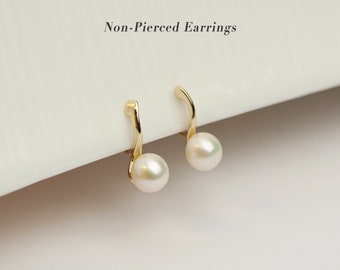 Genuine Pearls Dangle Clip On Earrings with Gold Clips, Dangle Freshwater Pearls Studs, Non Pierced Earring, Wedding Bridesmaids Jewellery