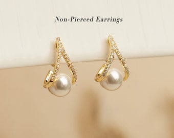 Gold Plated Clip On Pearl Stud Earrings, Large Diamond Stud Earring with Pearls, CZ Pave Dangle Drop Earrings, Pearls Drop Stud, Non Pierced