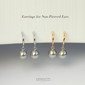 Grey Pearls Dangle Clip On Earrings, Minimalist Dangle Pearls Earrings, Dangle Hoop Pearls Earrings Non Pierced Earrings, Drop Pearl Earring