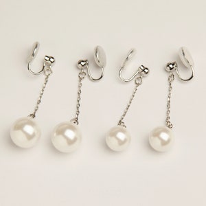 Pearl Dangle & Drop Clip On Earrings, White Pearl Earrings, Drop Pearl Earrings With Silver Colour Long Chain, Coil Back Clip On Earrings image 4