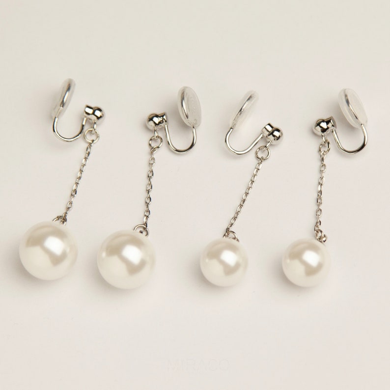 Pearl Dangle & Drop Clip On Earrings, White Pearl Earrings, Drop Pearl Earrings With Silver Colour Long Chain, Coil Back Clip On Earrings image 4