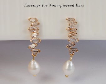 Clip On Pearls Earrings Non Pierced Crystal Cluster Drop Earrings With Freshwater Pearls, Irregular Pearls Earring, Dangle Baroque Pearls