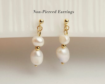 Clip On Pearls Earrings For Women,  Non Pierced Dangle Earrings With Double Freshwater Pearls, Irregular Pearls Earrings, Baroque Pearls