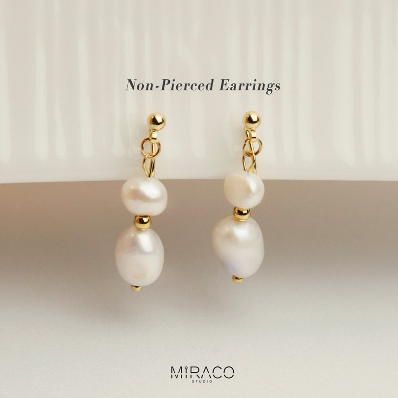 Clip On Pearls Earrings For Women, Non Pierced Dangle Earrings With Double Freshwater Pearls, Irregular Pearls Earrings, Baroque Pearls zdjęcie 1