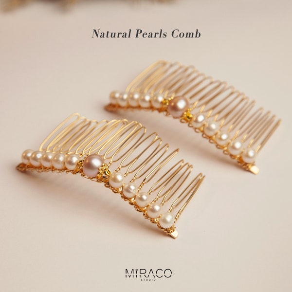 Genuine Natural Pearl Gold Hair Comb, Gold-Toned Pearl Bridal Hair Comb Wedding Hair Accessoriy, Pink White Pearls Headpieces Prom Jewellery