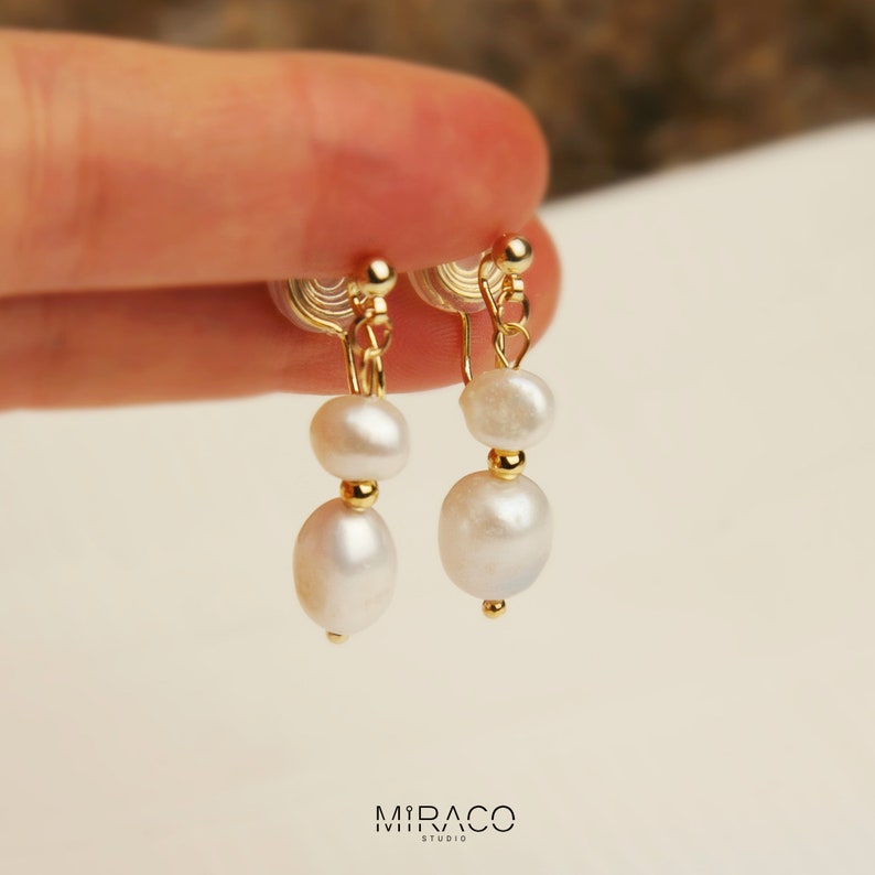 Clip On Pearls Earrings For Women, Non Pierced Dangle Earrings With Double Freshwater Pearls, Irregular Pearls Earrings, Baroque Pearls zdjęcie 4