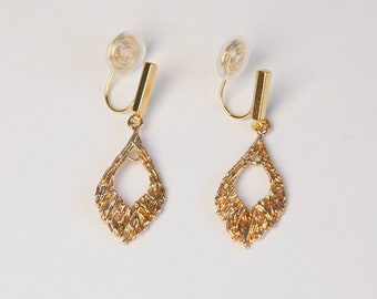 Gold Dangle Drop Clip On Earrings, Gold Metal Wire Clip On Earrings, Gold Clip On Earrings, Rhombus Ear Clip Non Pierced Circle Drop Earring