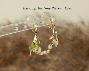 Lily of the Valley Clip On Earrings, Flower Dangle Drop Earrings, Nature Inspired Dangle Floral Plant Earrings, Dangle Flowers Non Pierced