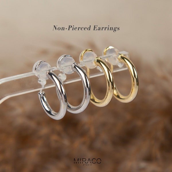 Boucles d'oreilles Huggie clip minimalistes, Boucles d'oreilles Huggie or argent, Créoles moyennes simples de tous les jours, Boucles d'oreilles non percées, Clip d'oreille invisible