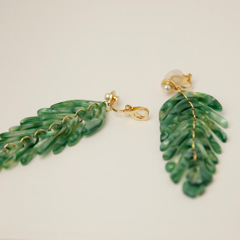 Green Leaf Dangle Drop Clip On Earrings, Large Dangle Plant Clip On Earrings, Non Pierced Drop Earrings Green Chandelier Leaf Earrings mini clip