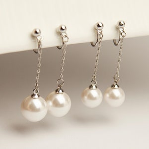 Pearl Dangle & Drop Clip On Earrings, White Pearl Earrings, Drop Pearl Earrings With Silver Colour Long Chain, Coil Back Clip On Earrings image 2
