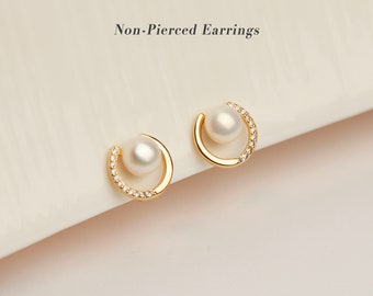 Genuine Freshwater Pearl Clip On Stud Earrings, Freshwater Pealrs Pave Diamond Clip, Non Pierced Gold Plated Circle Small Pearl Bridal Studs