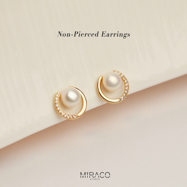 Genuine Freshwater Pearl Clip On Stud Earrings, Freshwater Pealrs Pave Diamond Clip, Non Pierced Gold Plated Circle Small Pearl Bridal Studs