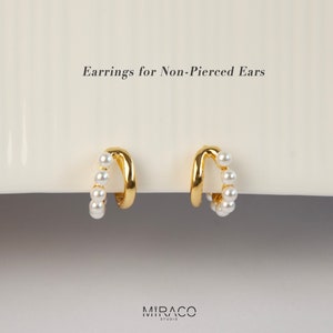 Gold Plated Pearl Hoop Earrings, Timeless Clip On Small Pearls Huggie Earrings, Cream White Twisty Double Huggie Hoops, No Piercing Earrings