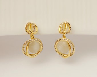 Gold Plated Opal Dangle Earrings, Clip On Earrings for Women, Oval Cats Eye Dangle Drop Earrings, Gold Dangle Non Pierced Earrings
