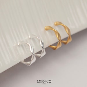 Twisted Matt Gold Hoop Clip On Earrings, Coil Back Clip On Gold Hoops, Gold Huggie Hoops Earrings, Silver Hoop Ear Clip, Non Pierced Earring image 8