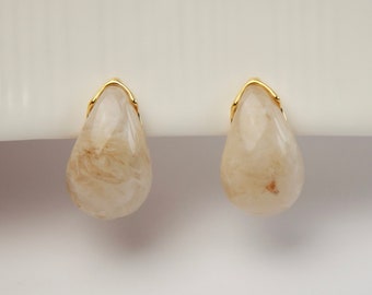 Cream White Resin Clip On Earrings, Chunky Waterdrop Domed Shape Non-Pierced Clip-On Earrings, Trendy Resin Statement Non Pierced Clips
