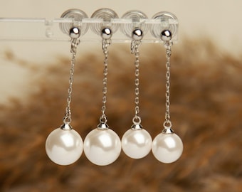 Pearl Dangle & Drop Clip On Earrings, White Pearl Earrings, Drop Pearl Earrings With Silver Colour Long Chain, Coil Back Clip On Earrings