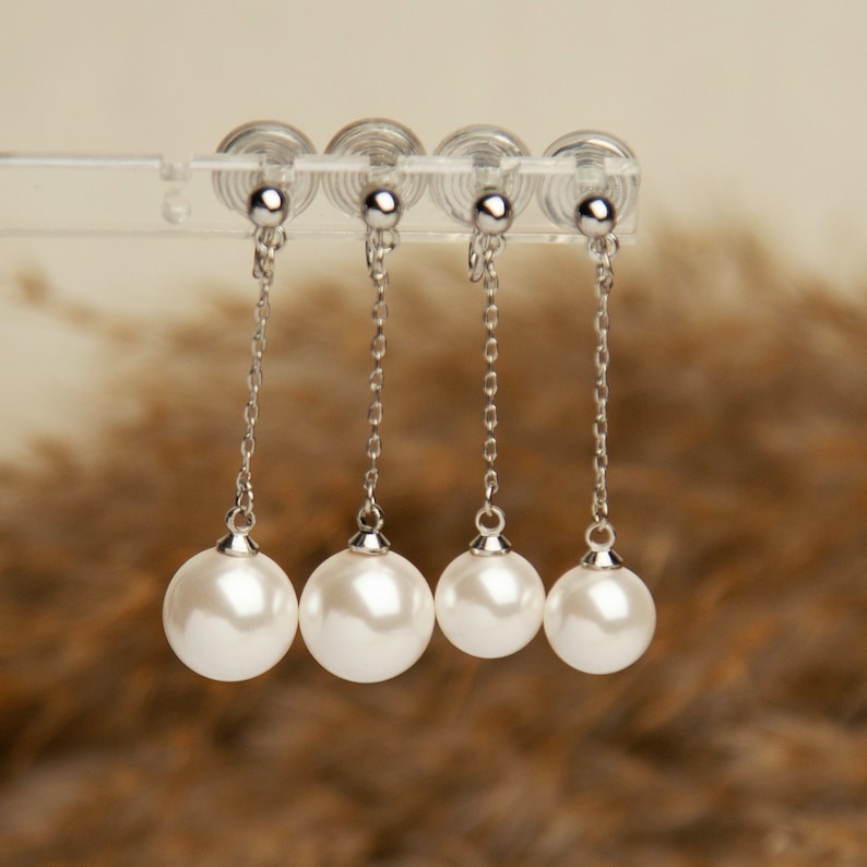 Pearl Dangle & Drop Clip On Earrings, White Pearl Earrings, Drop Pearl Earrings With Silver Colour Long Chain, Coil Back Clip On Earrings image 1