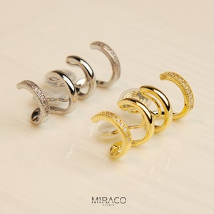 Double Hoop Cuff Stud Earrings in Silver and Gold, Crystal Minimalist Clip On Huggie Earrings, No Piercing Earrings, Clip On Earrings