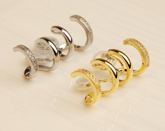 Dubbele hoepel manchet Stud Oorbellen in zilver en goud, Crystal minimalistische clip op Huggie oorbellen, geen piercing oorbellen, clip op oorbellen