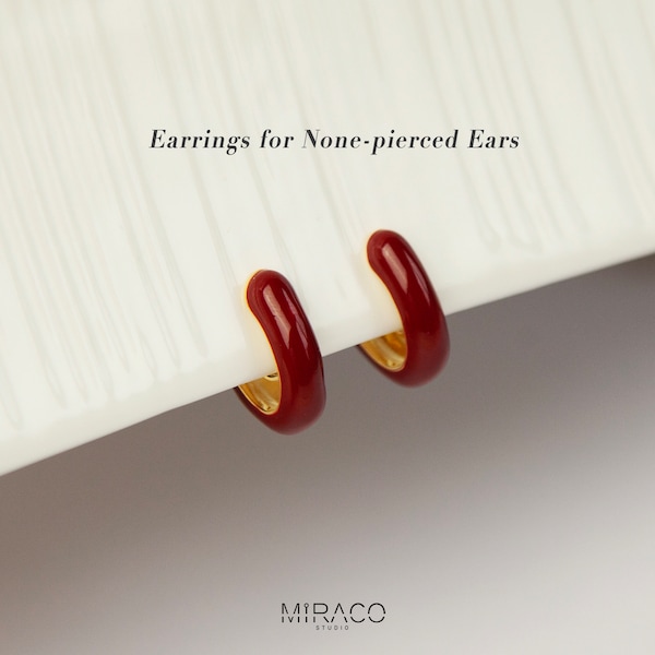 Elegant Clip On Huggie Earrings, No Piercing Huggie Hoops in Red, Red Hoop Earrings, Invisible Clip On Earrings, Minimalist Red Ear Clips