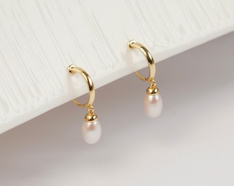 Genuine Pearl Dangle Clip On Earrings, Minimalist Dangle Pearls Earrings, Dangle Hoop Pearls Earrings, Freshwater Pearl Non Pierced Earrings