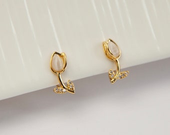 Golden Tulip Clip On Earrings, Gold Flower CZ Stud Earrings, Floral Stud Earrings, Clip On Earrings, Non Pierced Plant Earrings
