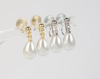 Pearl Dangle & Drop Clip On Earrings, Drop Pearl Earrings With Gold Colour Clips, Coil Back Clip On Earrings, White Pearls Dangle Earrings