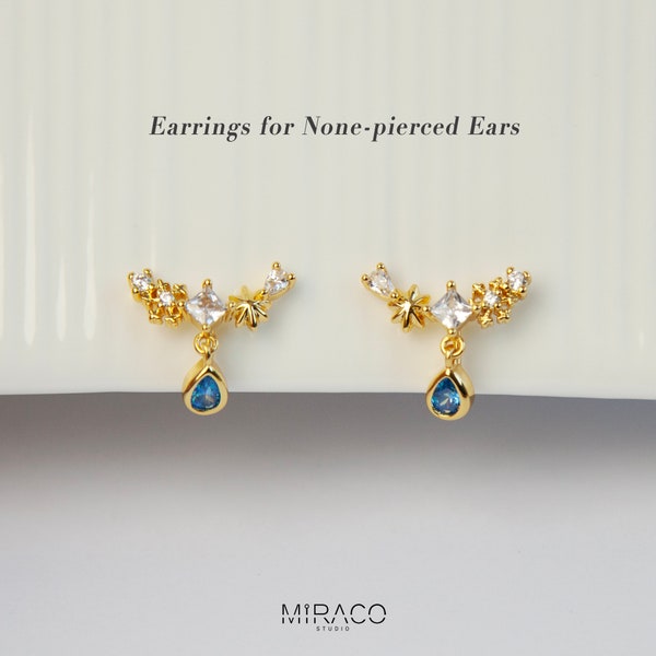 Crystal Blue Diamond Stud Earrings, Gold Plated Climber CZ Clip On Earrings, Dainty Blue Gem Clip On Drop Ear Clips, Non Pierced Earrings