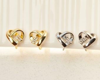 Clip On Heart Stud Earrings, Gold Plated Crystal Heart Earrings, Small Heart Clip On Studs, Silver or Gold Heart Stud Clip On Earrings