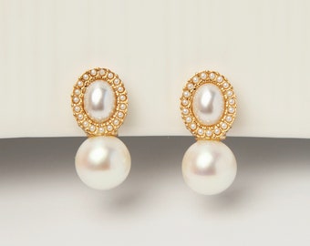 Pearls Dangle Clip On Earrings, Screw Back Clips Dangle Pearls Earrings, Non Pierced Earrings, Double Pearls Studs, Pearl Jewellery