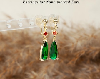 Gold Plated Green Crystal Dangle Drop Earrings, Clip On Diamond Earrings Women, Drop Diamond Earrings, Non Pierced Emerald Crystal Earrings