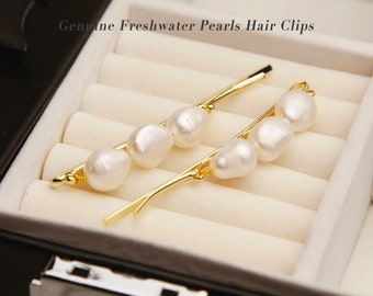 Genuine Freshwater Pearl Hair Clips, Gold-Toned Pearl Barrette with Irregular Shaped Pearls, Bridal Hair Clips Wedding Hair Accessories