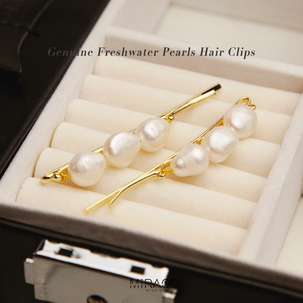 Genuine Freshwater Pearl Hair Clips, Gold-Toned Pearl Barrette with Irregular Shaped Pearls, Bridal Hair Clips Wedding Hair Accessories