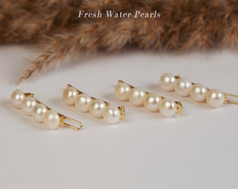 Genuine Freshwater Pearl Hair Clips, Gold-Toned Button Pearls Hair Clips, Four Pearls Bridal Hair Clips Pearls Wedding Hair Accessories