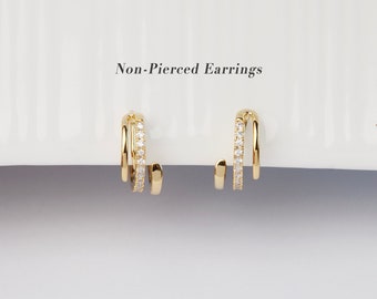 Clip On Earrings for Women, Gold Plated CZ Huggie Hoops, Sparkling CZ Crystal Triple Hoops, Non Pierced Earrings with Coil Back Clips