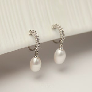 Genuine Pearl Dangle Clip On Earrings, Minimalist Dangle Pearls Earrings, Diamond Hoop Pearl Earrings, Freshwater Pearl Non Pierced Earrings