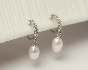 Genuine Pearl Dangle Clip On Earrings, Minimalist Dangle Pearls Earrings, Diamond Hoop Pearl Earrings, Freshwater Pearl Non Pierced Earrings