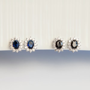 Clip On Black Blue Gemstone Earrings, Mini-Clip Studs Earrings, Blue or Black Crystal Stud Earrings, Non-Pierced CZ Sapphire Flower Studs