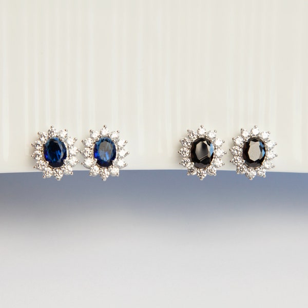 Clip On Black Blue Gemstone Earrings, Mini-Clip Studs Earrings, Blue or Black Crystal Stud Earrings, Non-Pierced CZ Sapphire Flower Studs