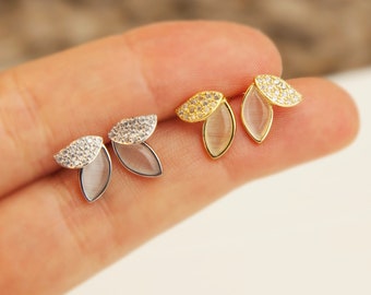 Sterling Silver Opal Leaves Stud Earrings, Dainty Diamond Olive Leaf Earrings, Silver Leaf Stud Earring, Marquise Leaf Studs Nature-Inspired