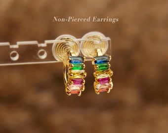 Rainbow Clip On Huggie Earrings, Minimalist Simple Crystal Cluster Huggie Hoop Earrings, Clip On Hoop Earrings, Multi Color Crystal Hoops