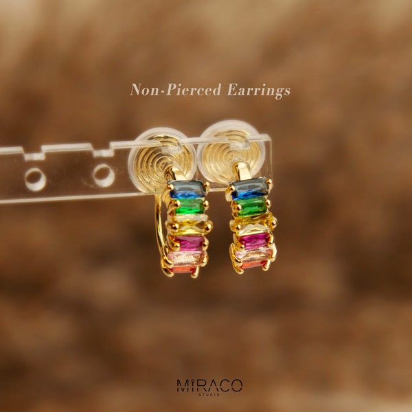 Rainbow Clip On Huggie Earrings, Minimalist Simple Crystal Cluster Huggie Hoop Earrings, Clip On Hoop Earrings, Multi Color Crystal Hoops