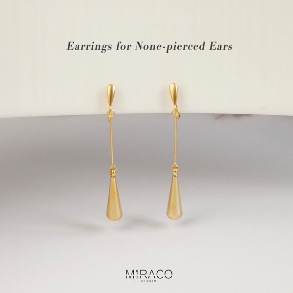 Teardrop Dangle Earrings, Invisible Clip On Drop Earrings, Gold Colour Dangle Non Pierced Minimalist Long Gold Clip On Earrings