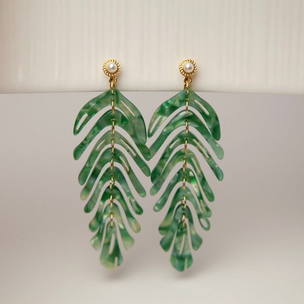 Green Leaf Dangle Drop Clip On Earrings, Large Dangle Plant Clip On Earrings, Non Pierced Drop Earrings Green Chandelier Leaf Earrings