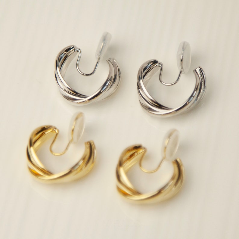 Twisted Hoop Clip On Earrings, Coil Back Clip On Gold or Sillver Huggie